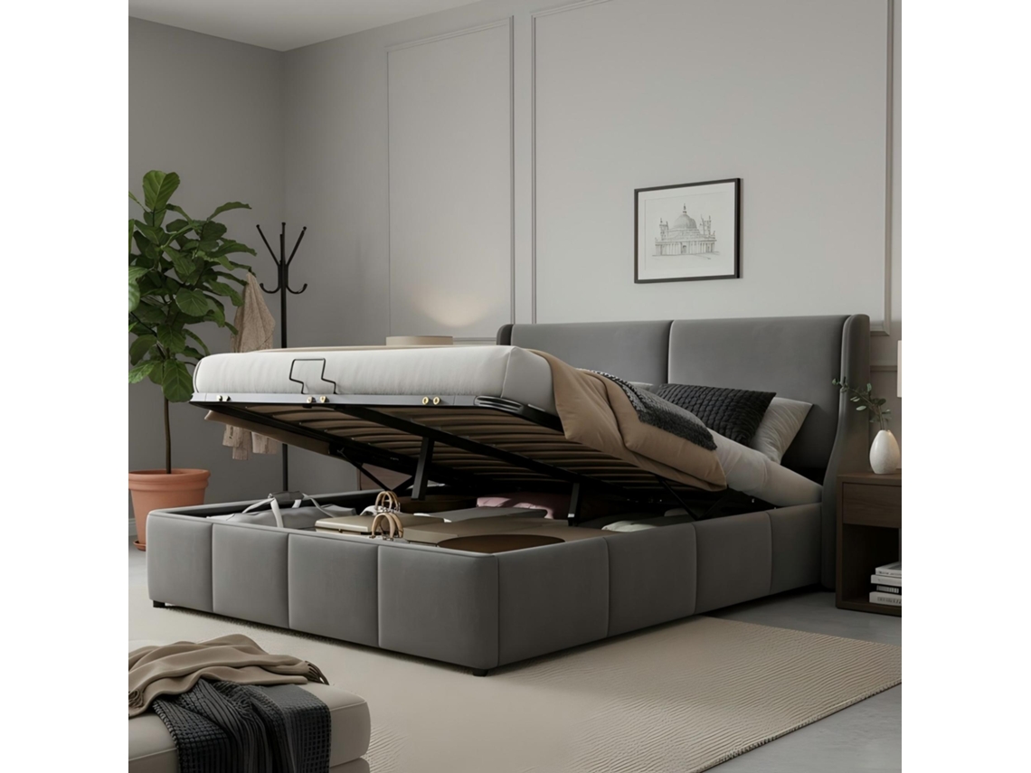 Cama Casal 140x200 Cinza Com Cabeça De Travesseiro E Polster Hidráulica