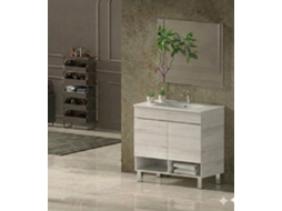 Conjunto Móvel De Casa De Banho Nebari Com Pés Já Montado 2 Portas, Lavatório E Espelho Branco Nórdico 80x40 Cm