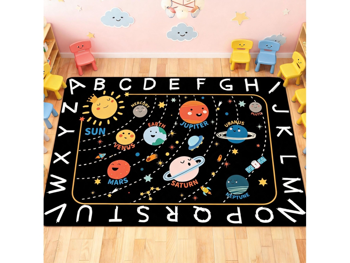 Tapete de salto Chrui - Alfabeto ABC no Espaço Sideral, Educativo e Lavável - 50*80cm - Preto