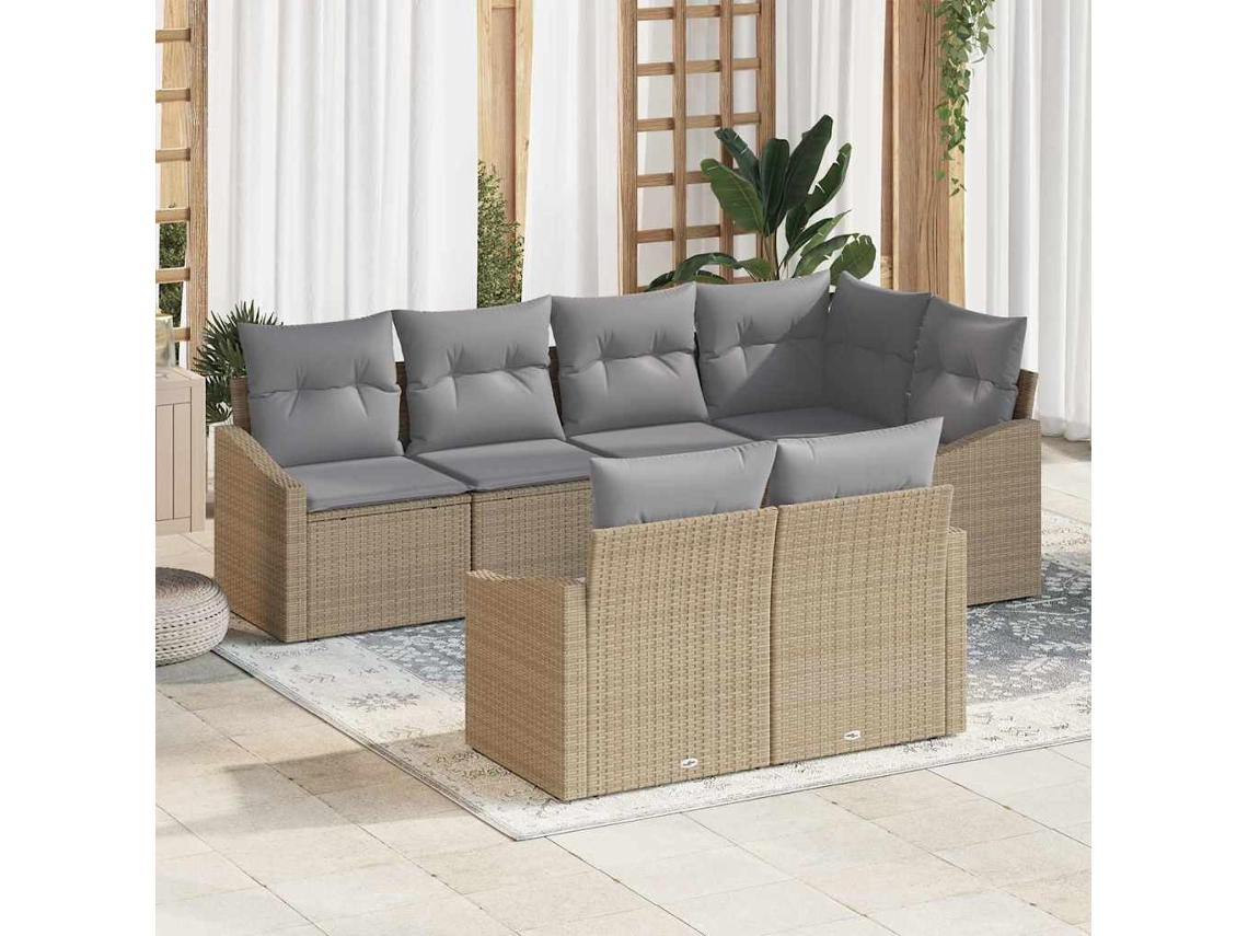 Vidaxl Conjunto De Sofás Com Almofada 7 Pcs Bege Vime Pe