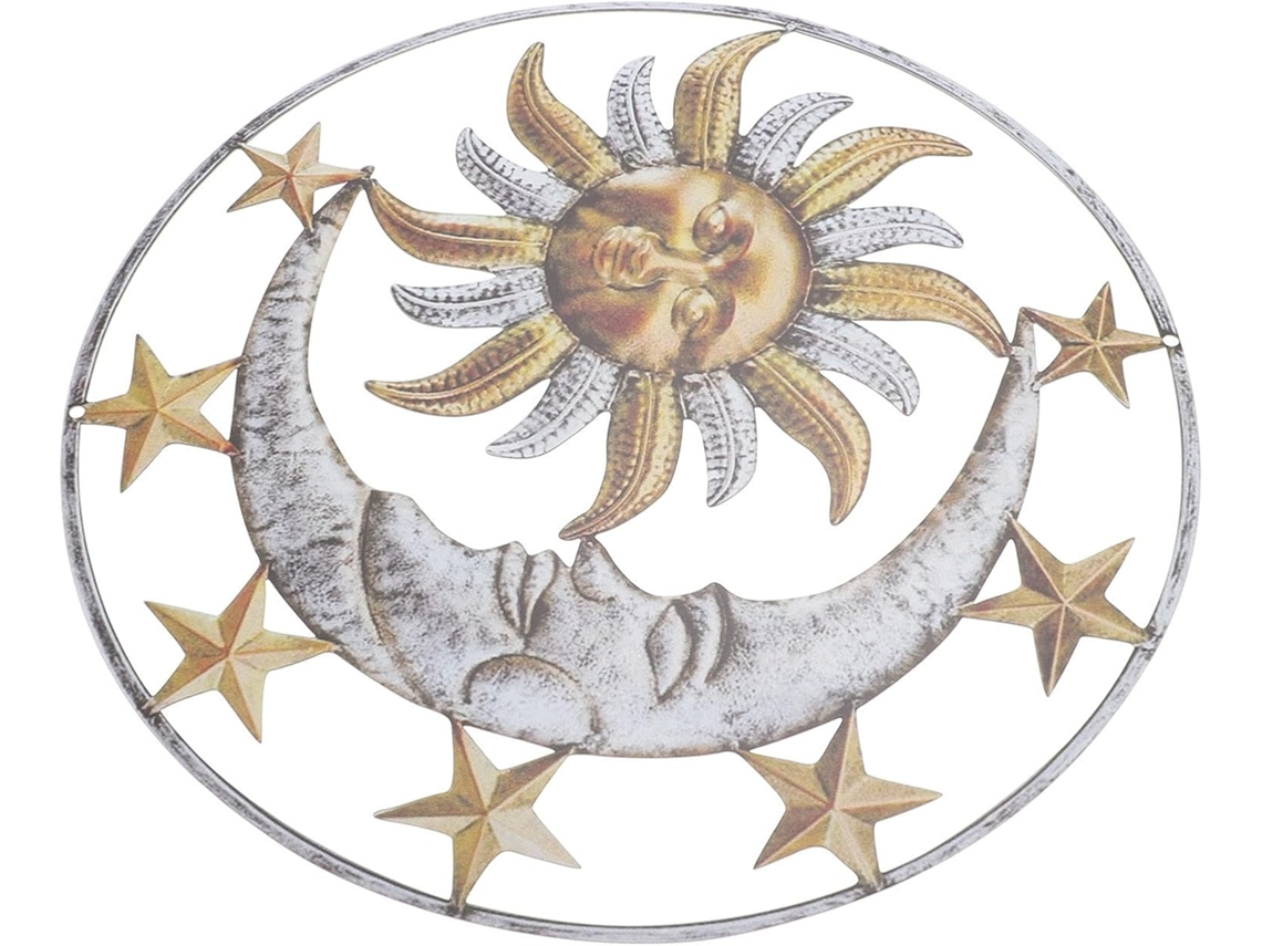 Decoração De Parede Em Ferro Com Sol E Lua, Pendente Amarelo Para Exterior.