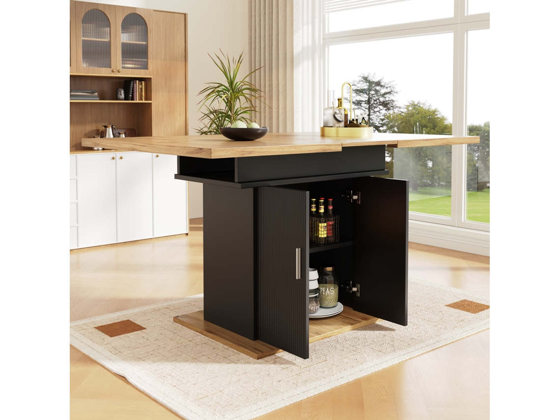 Mesa de Jantar Extensível com Prateleiras, Design Compacto para Cozinha e Sala de Estar, Acabamento Natural e Preto Ehstmind (140 × 70 cm)