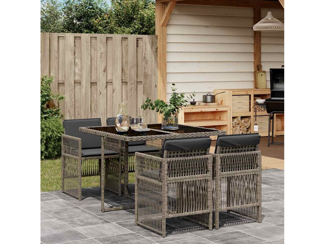 Vidaxl 5 Pcs Conjunto De Jantar P/ Jardim C/ Almofadões Vime Pe Cinza