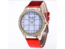 Relógio de Pulso Feminino Analógico Quartzo Pulseira Pu Mostrador Grande com Cristal Vermelho