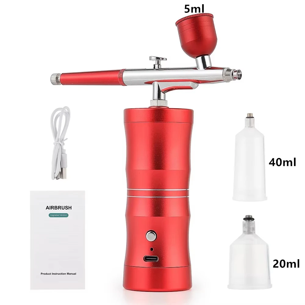 (vermelho) Conjunto De Aerógrafo Sem Fio Com Compressor, Bocal De 0, 3mm, Aerógrafo Recarregável Para Manicure, Maquiagem