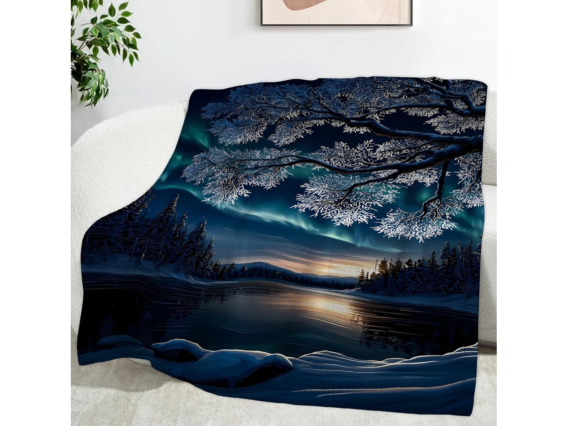Manta com Estampa de Pinheiros e Ciprestes Paisagem Nevada 180x200 Cm Multifuncional Macia Aconchegante em Fla
