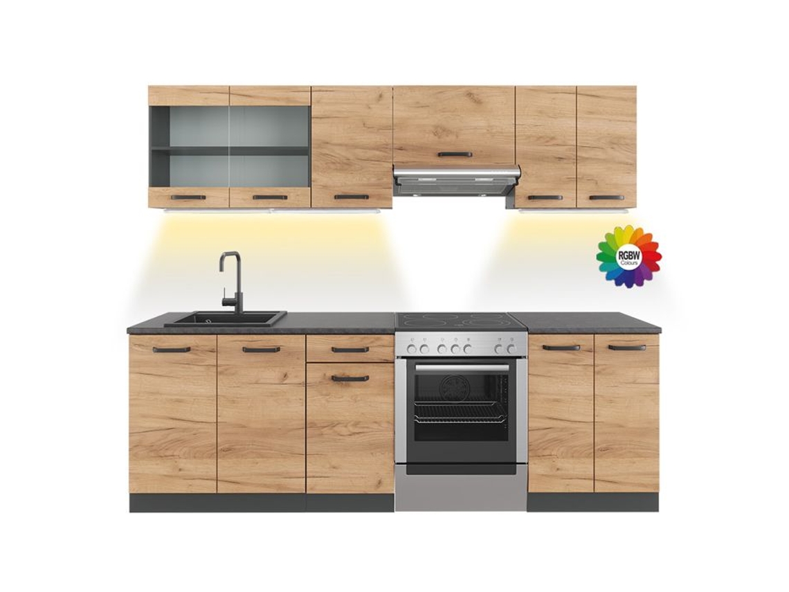 Linha de cozinha Raul, 240cm, PT Preto estampado com faixa LED, Carvalho dourado/antracite, Antracite, VICCO