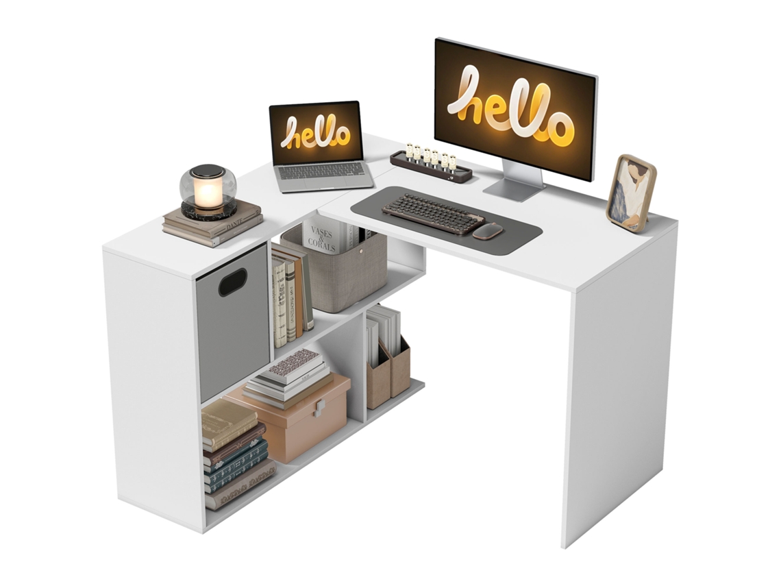 Mesa de Escritório em L 110x100x75cm branco com Gaveta de Tecido e Compartimentos Abertos BTFORUS