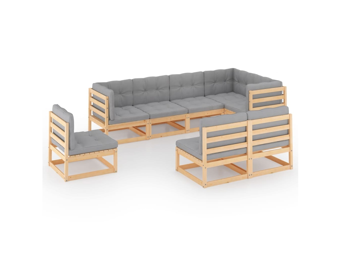 Conjunto 8 lounge de jardim c/ almofadões VIDAXL pinho maciço