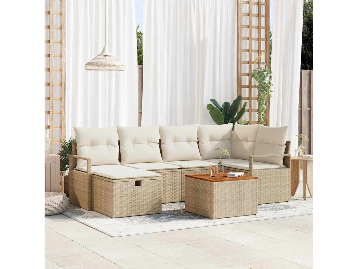 Vidaxl Conjunto De Sofá De Jardim 7 Unid. Bege Vime Pe