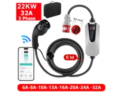Carregador Móvel Ev 22kw 32a 6m Tipo 2 Ficha Cee 32a Ecrã Lcd Programação Ip65 À Prova De Água E Pó
