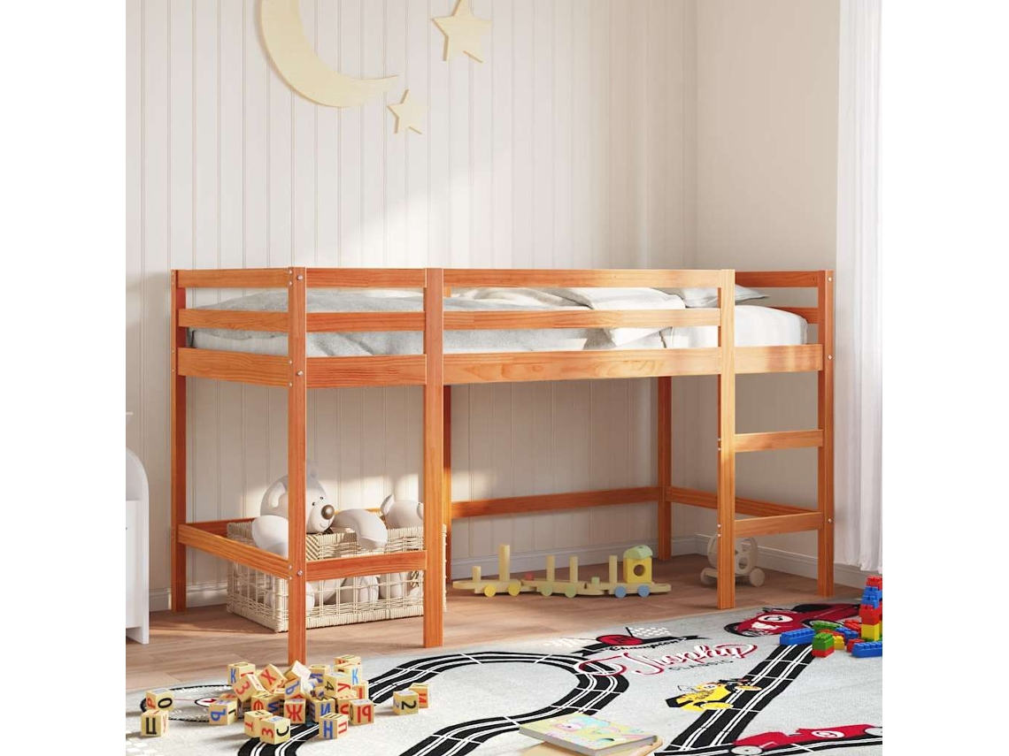 Vidaxl Cama Alta P/criança C/escada 90x190cm Pinho Maciço Castanho-mel