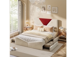 Cama Estofada Bege 160x200 em Veludo com Arrumação e 4 Gavetas, Estrado de Ripas e Cabeceira, Ideal para Casal Ou Jovem, Sem Colchão BURSDANY
