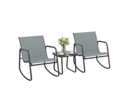 Conjunto Externo 3 Peças em Aço com 2 Cadeiras de Balanço Respiráveis e Mesinha com Tampa de Vidro.cinza e Preto