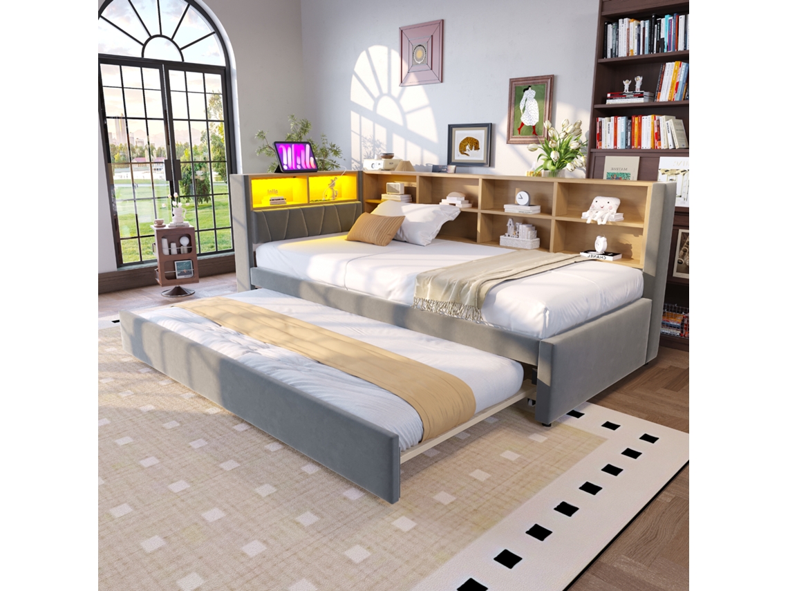 Sofá Cama 90x200 Cinza Escuro Com Led, Tomadas, Gavetas E Poltrona