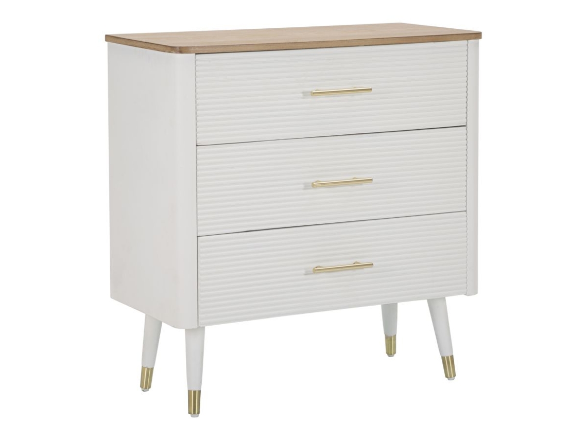 Cômoda Matera 78x37x80 Cm - Cômoda De Madeira Branca E Marrom Com 3 Gavetas E Pés Dourados - Estilo Boho Chic