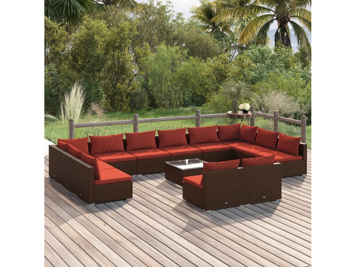 Vidaxl 13 Pcs Conjunto Lounge Jardim C/ Almofadões Vime Pe Castanho