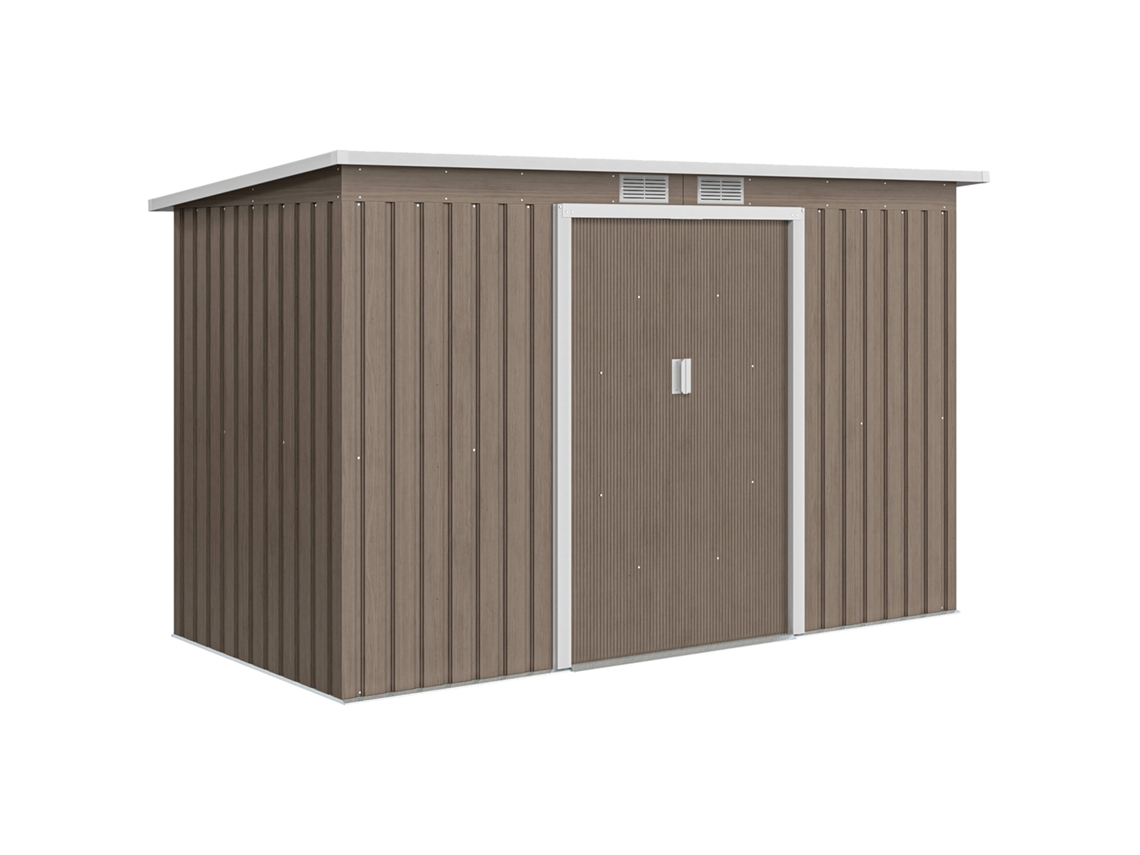 Galpão de Jardim de Aço Galvanizado 3,2 M² com Kit Fundação, Porta Dupla Trancável, Efeito Madeira Cinzento, Ventilação, Telhado Inclinado