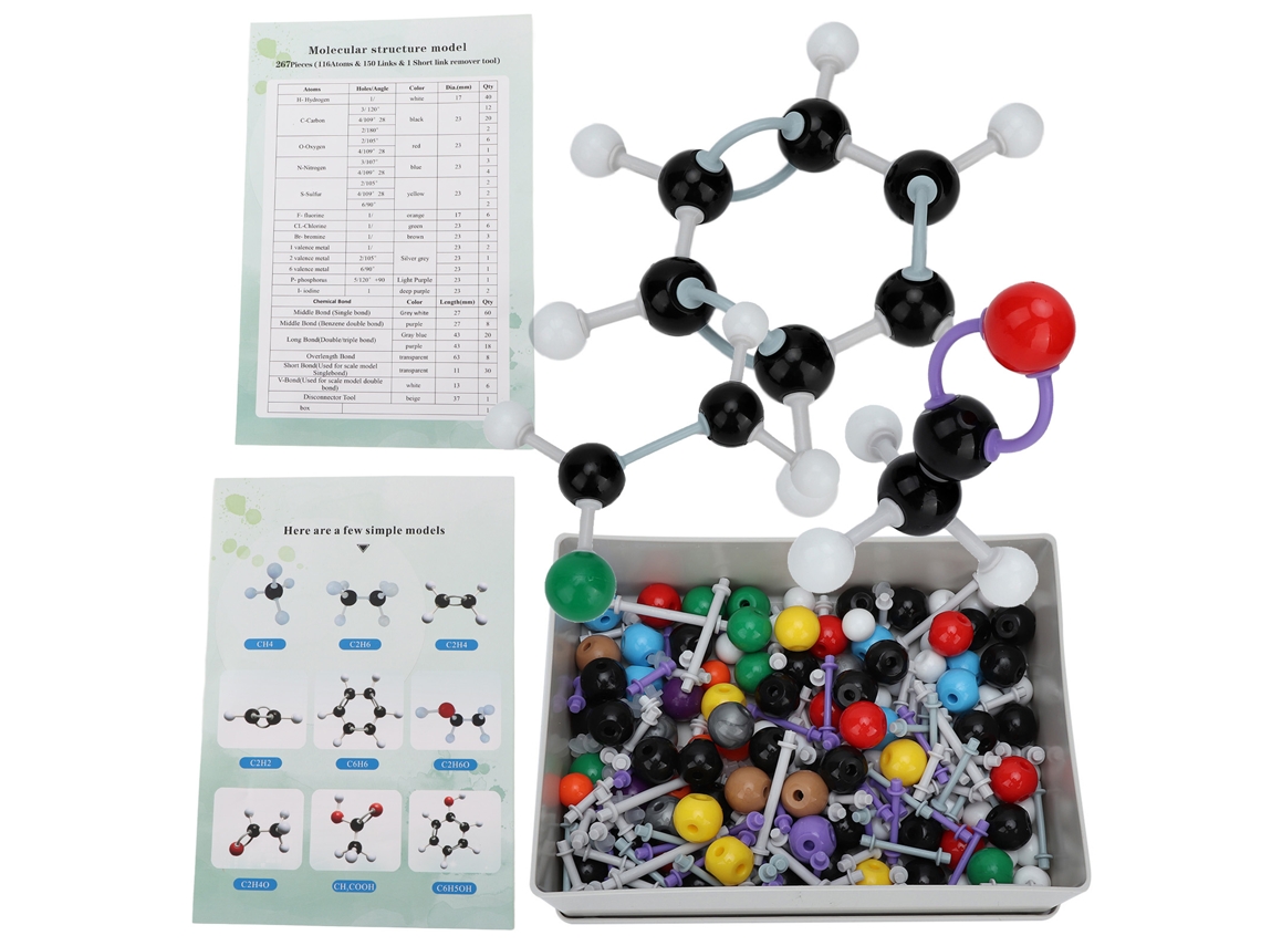 Kit Moléculas Orgânicas E Inorgânicas 267 Peças, Modelo De Ligações Atômicas Para Estudantes E Professores