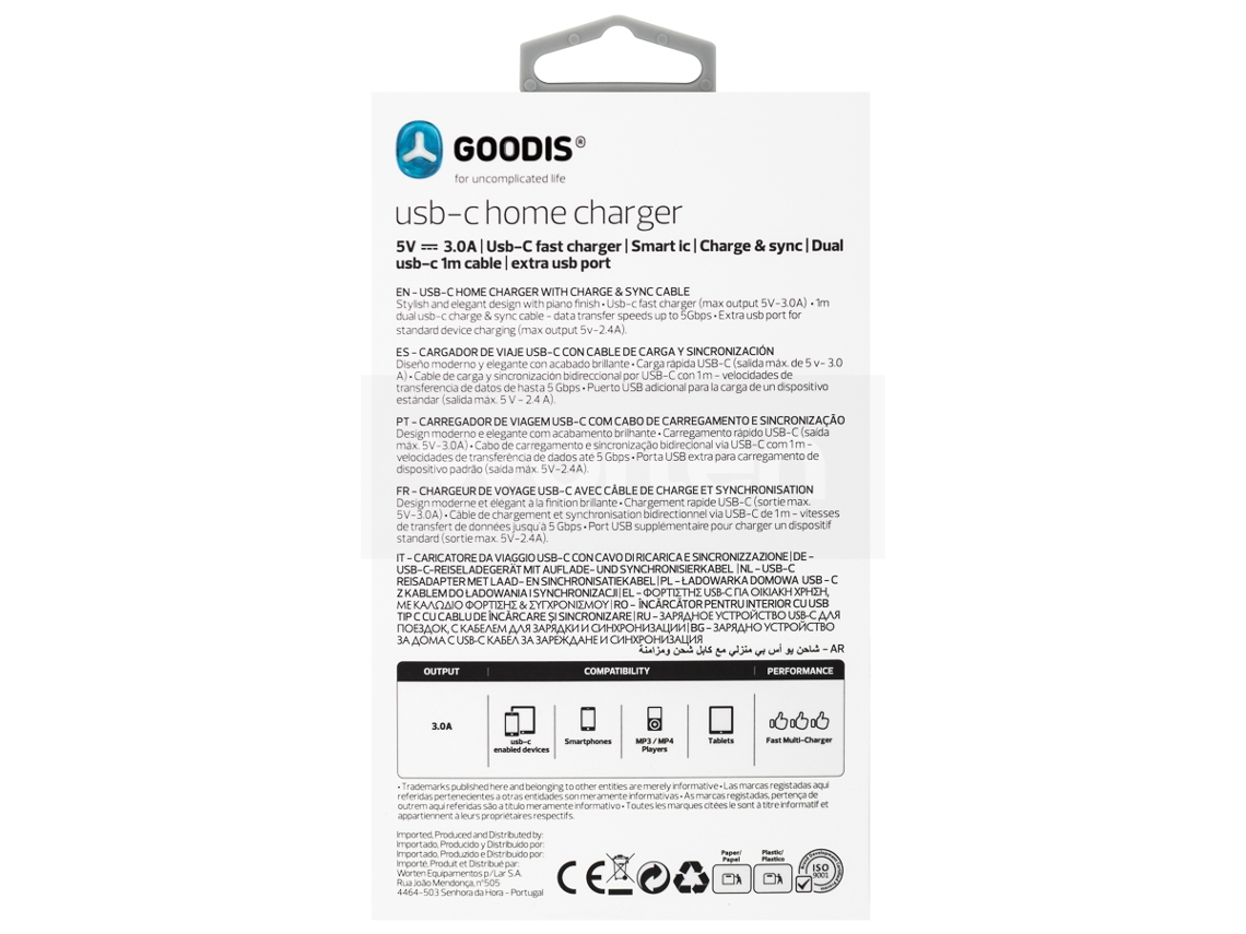Kit Carregador Viagem + Cabo USB-C GOODIS 2 USB V-3.4A Type C