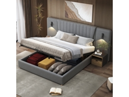 Cama Casal 180x200cm Veludo Cinza Respaldo Longo Lâmpada Usb Armário Hidráulico