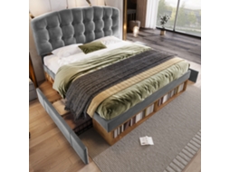 Cama de Casal 140x200 Cm em Veludo Cinza, Ripas, Cabeceira Curva Ajustável, Gavetas, Colchão Não Incluído VSOGA