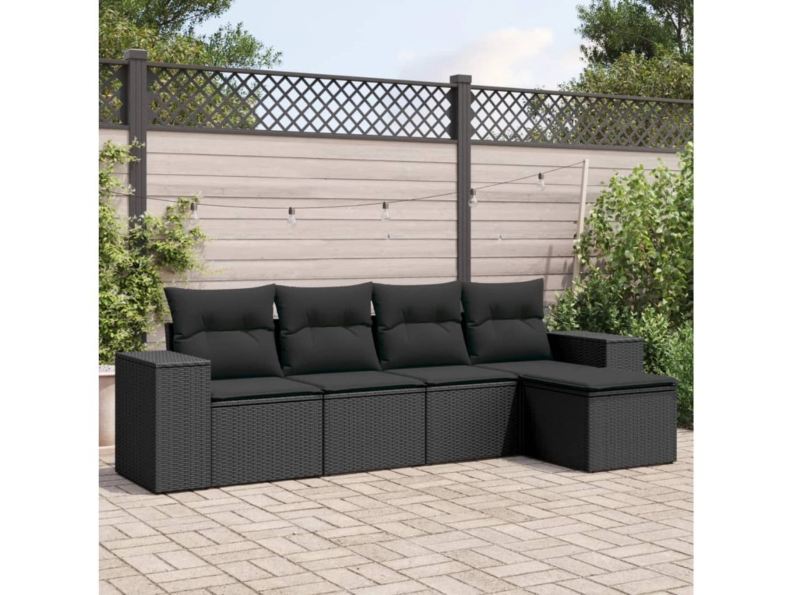 Vidaxl 5 Pcs Conjunto Sofás De Jardim Com Almofadões Vime Pe Preto
