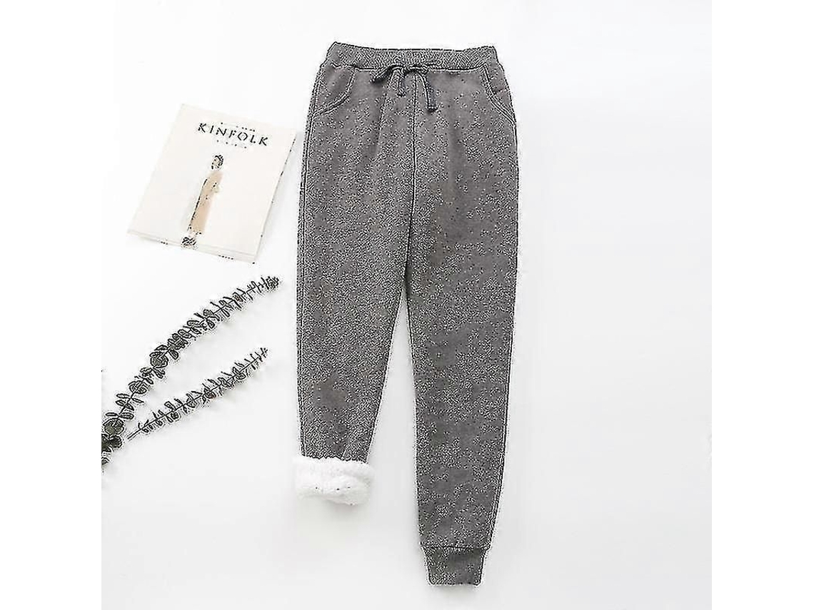 Calças De Moletom Com Sherpa Interno Para Mulher, Acolhedoras E Estilosas, Fechamento Com Cordão, Bolso Lateral E Punho Costurado Cinza Escuro
