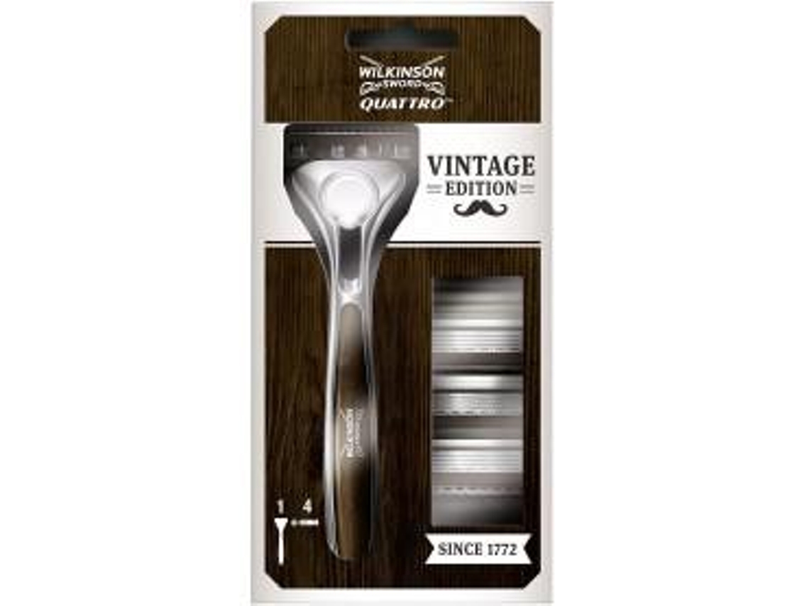 Pack Wilkinson Sword Quattro Vintage Edition Maquinilla Afeitar 4 Hojas Hombre + 4 Recambios de Cuchillas
