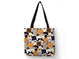 Bolsa de Compras Feminina com Estampa Floral Gatinho Desenho Animado, Ombro em Tecido Linho, Ec Ológica, Reutilizável e do GOKOCO