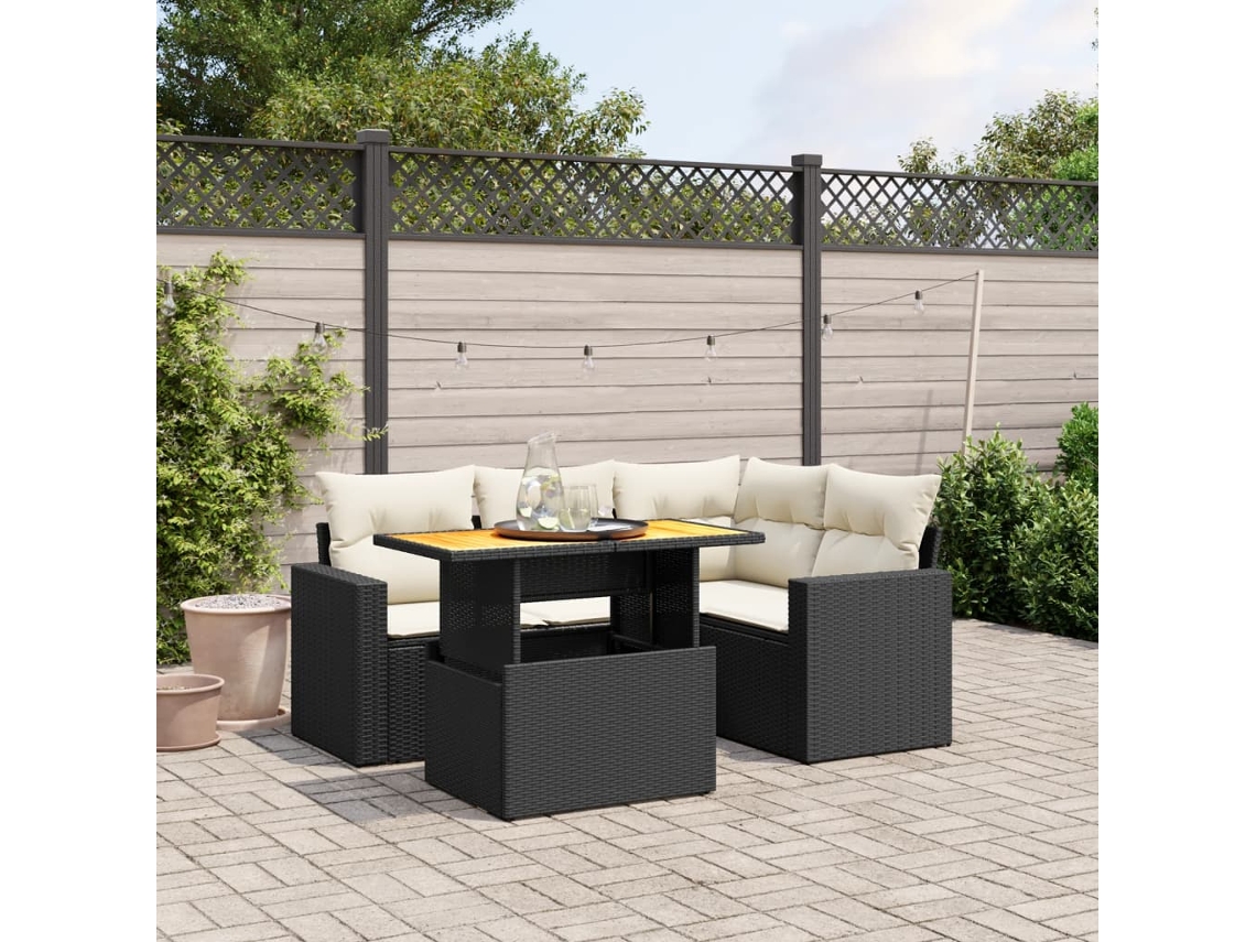 Vidaxl 5 Pcs Conjunto Sofás De Jardim Com Almofadões Vime Pe Preto
