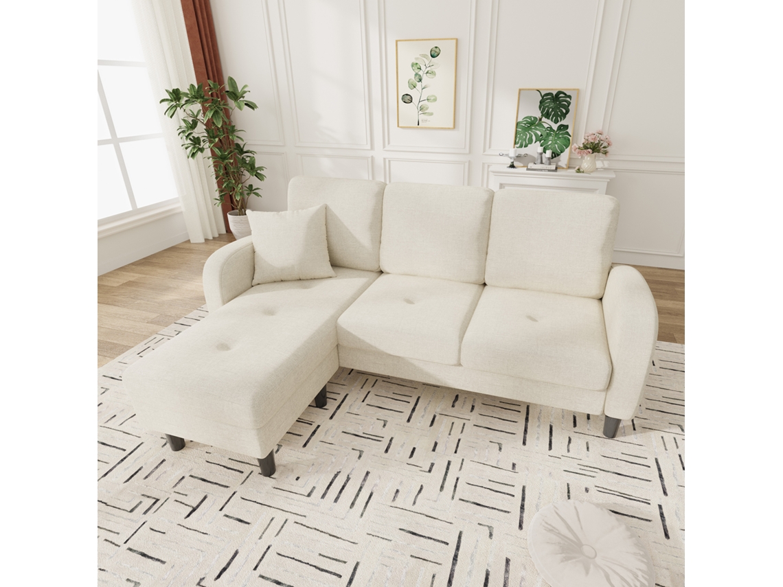 Sofá Em L 166 Cm Com Chaise Longue, Tecido Algodão E Linho Para Sala E Escritório