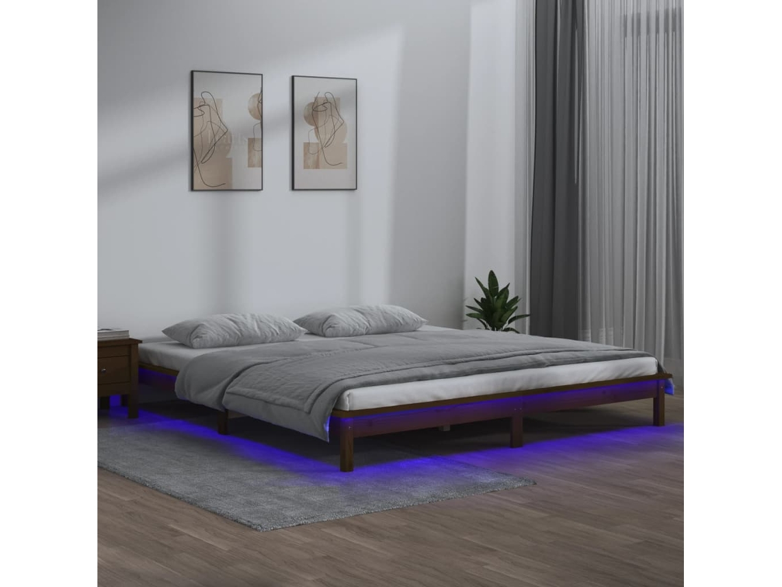 Vidaxl Estrutura De Cama C/ Led 140x190 Cm Madeira Maciça Castanho-mel
