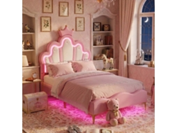 Cama Infantil em Pele Sintética com Led Rgb e Cabeceira Coroa, Rosa, 90x200 Cm LAZYSPACE