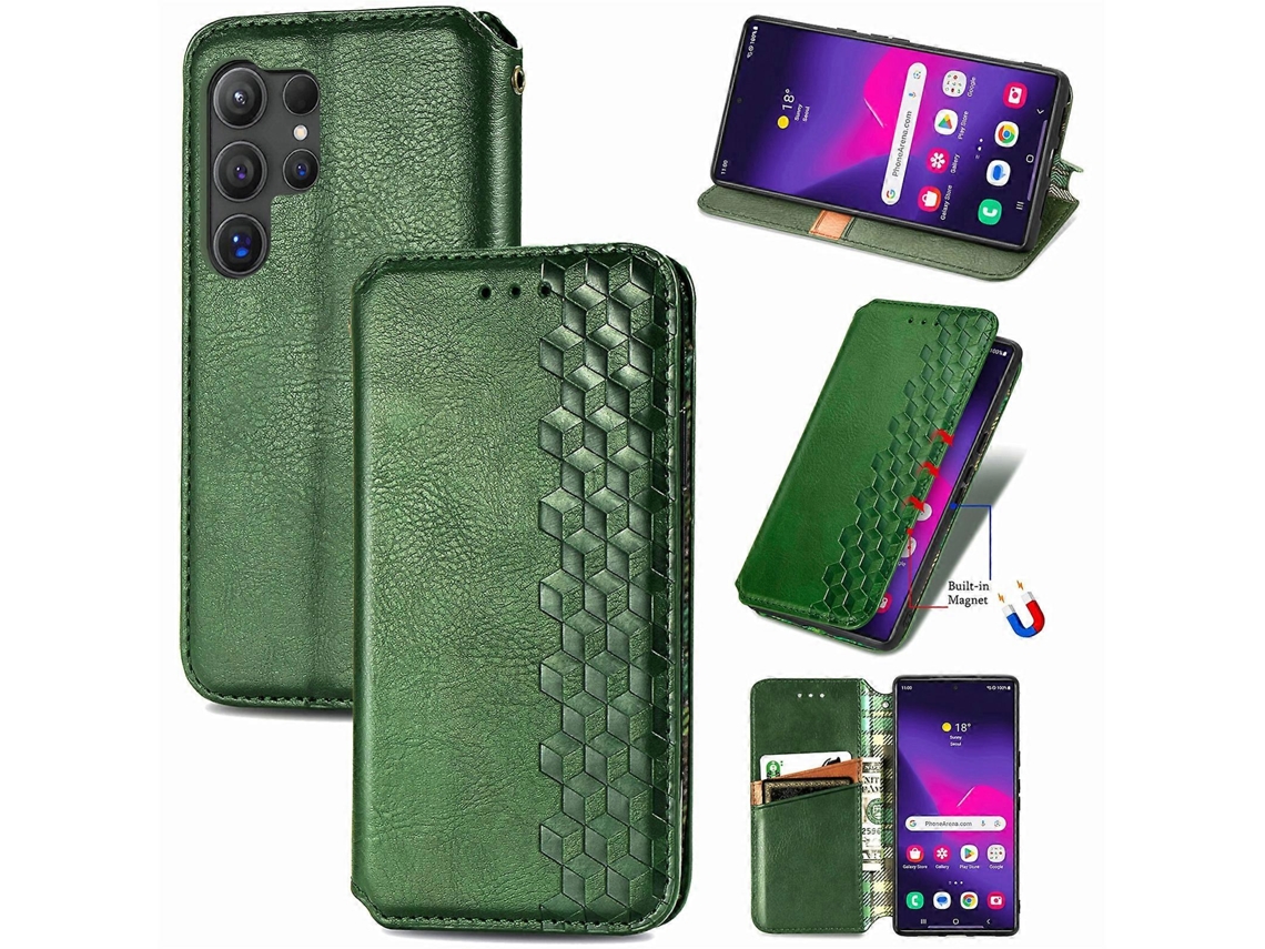 Capa De Celular Magnética De Couro Prensado Com Grade Cúbica