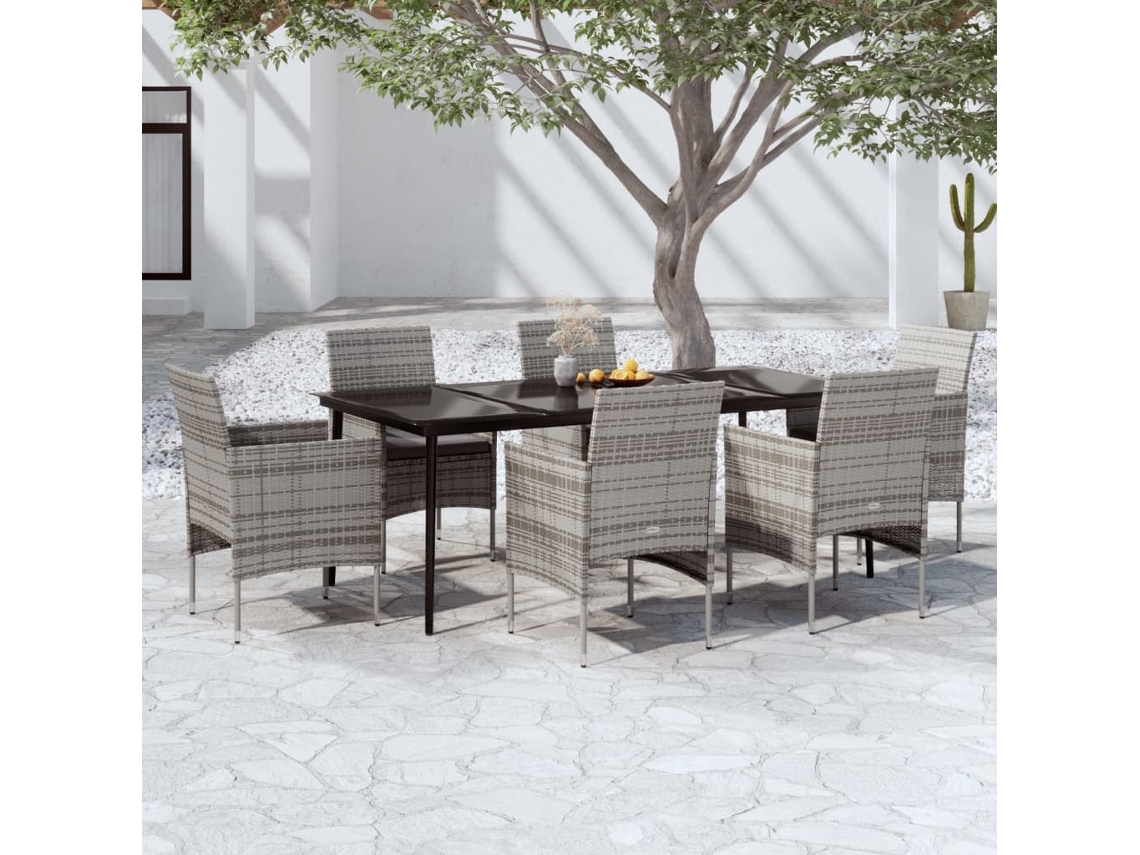 Vidaxl 7 Pcs Conjunto De Jantar P/ Jardim C/ Almofadões Cinza E Preto