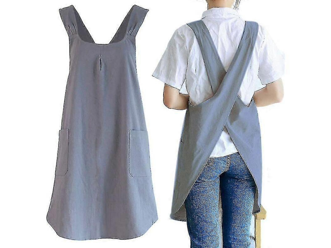 Delantal de Jardim de Linho Japonês com Costas Cruzadas e Bolsos Bonitos para Mulheres, Ideal para Cozinhar, Pintar e Limpar, Cinza Escuro