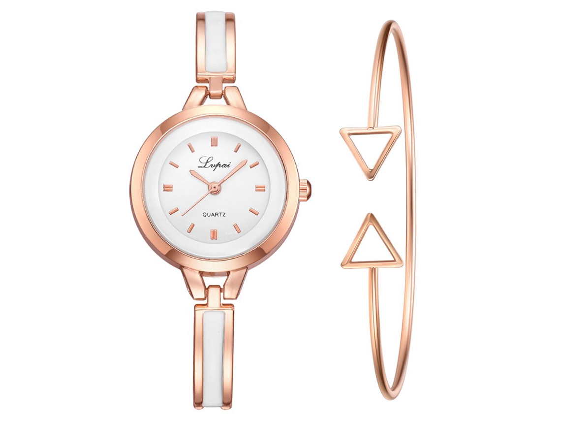 Relógio Feminino de Quartzo com Pulseira Ajustável em Liga Rose Gold Branco