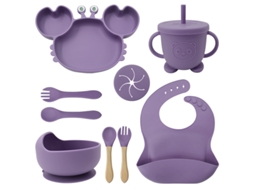 Silicone Roxo 9 Conjuntos De Talheres Para Bebês: Pratinhos, Tigelas, Copos, Aventais E Talheres Com Estampa De Caranguejo