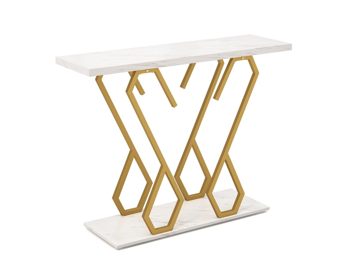 Mesa de Console com Tampo de Mármore Falso e Pés Ajustáveis, Branca e Dourada NORTHIX