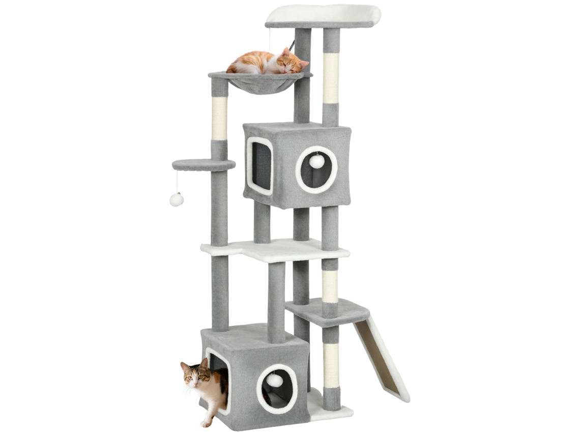 Árvore de Gatos com plataformas, rede, escada, pom poms, 165cm Cinza S/MARCA