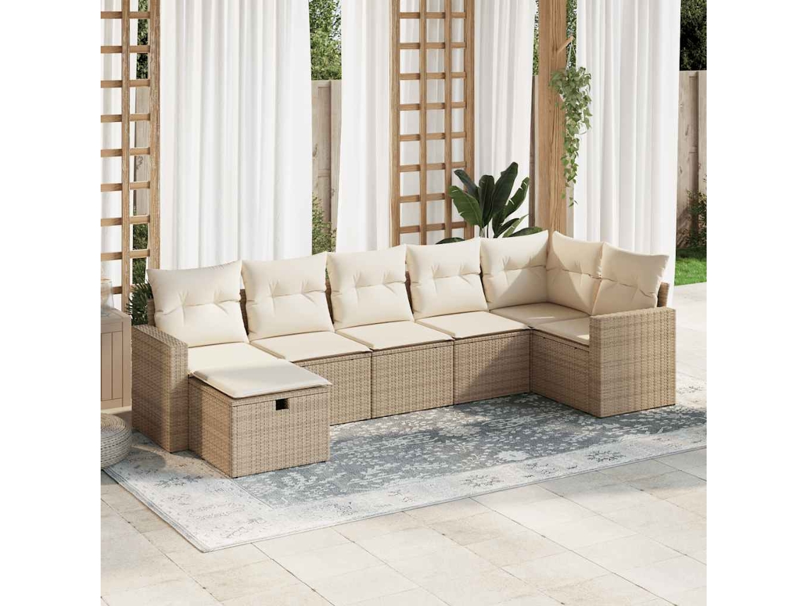 Vidaxl 7 Pcs Conjunto De Sofás P/ Jardim Com Almofadões Vime Pe Bege