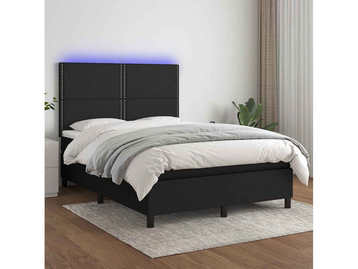 Vidaxl Cama Box Spring C/ Colchão E Led 140x200 Cm Tecido Preto