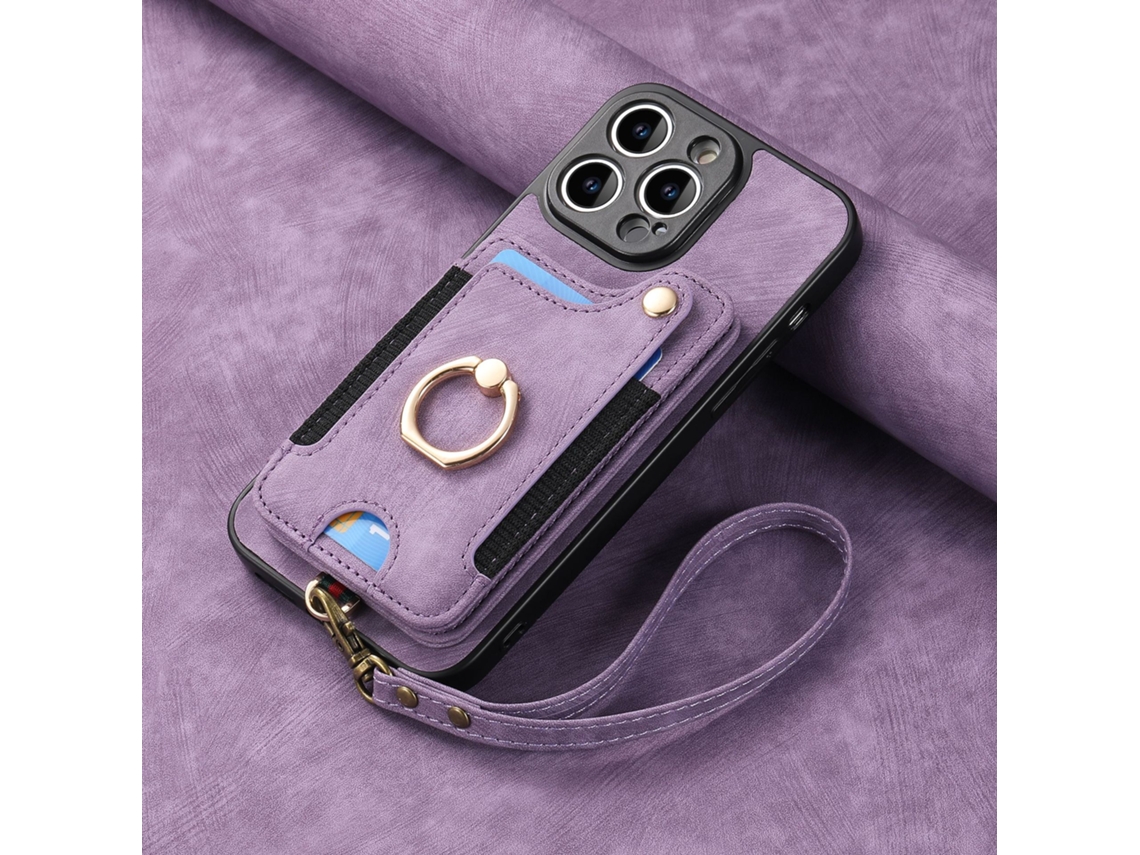 Adequado Para Capa De Couro Para Celular Iphone, Escova Anti-roubo Rfid, Fivela De Anel, Suporte Para Cartão Multifuncional, Roxo Claro Com Cordão De