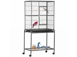 Gaiola Para Pássaros Com Rodas 81x48x162,5 Cm Com Bandeja 4 Poleiros 4 Comedouros E Prateleira Preto E Cinza