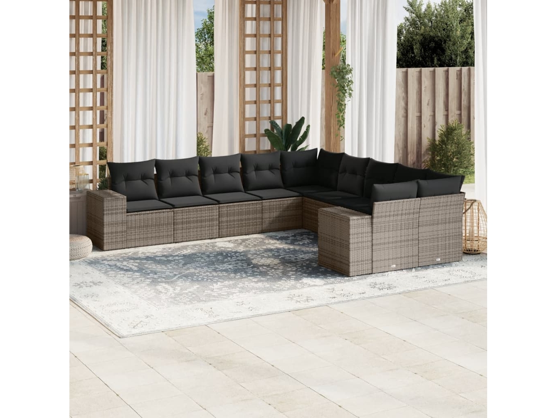 Vidaxl 10 Pcs Conjunto Sofás De Jardim C/ Almofadões Vime Pe Cinzento