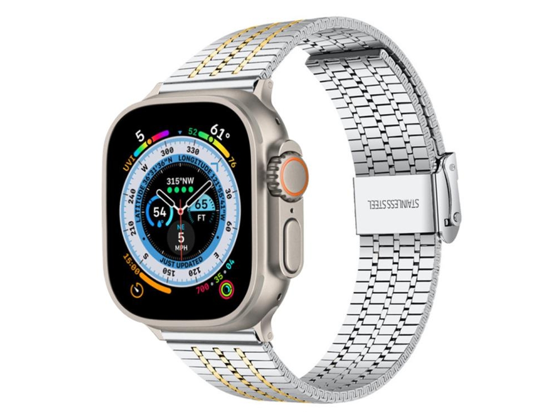 Bracelete Para Apple Watch 46/49/45/44mm - Aço Inoxidável Com Fivela De 7 Contas Prata Dourada