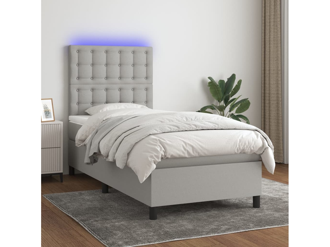Vidaxl Cama Box Spring C/ Colchão E Led 90x200 Cm Tecido Cinza-claro