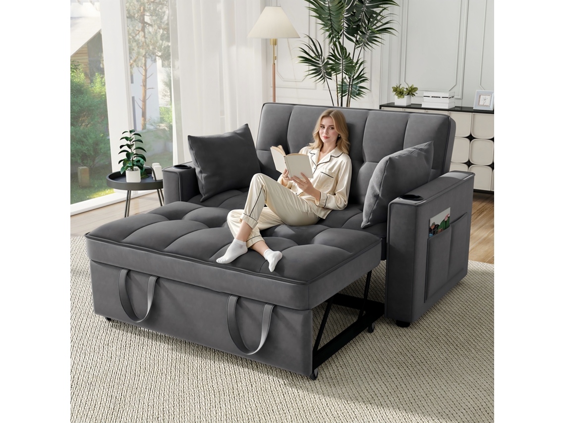 Sofá-cama Rebatível Multi-ângulo Ajustável - 2 Lugares - Tecido De Veludo - Com Suporte Para Copos E Almofadas - Cinzento