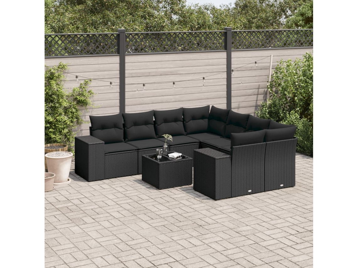 Vidaxl 9 Pcs Conjunto De Sofás P/ Jardim C/ Almofadões Vime Pe Preto